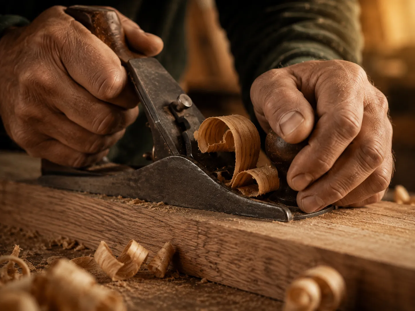 Vakman werkt met de hand aan een houten verbinding